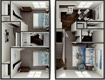 A series of images showing different views of a small apartment.